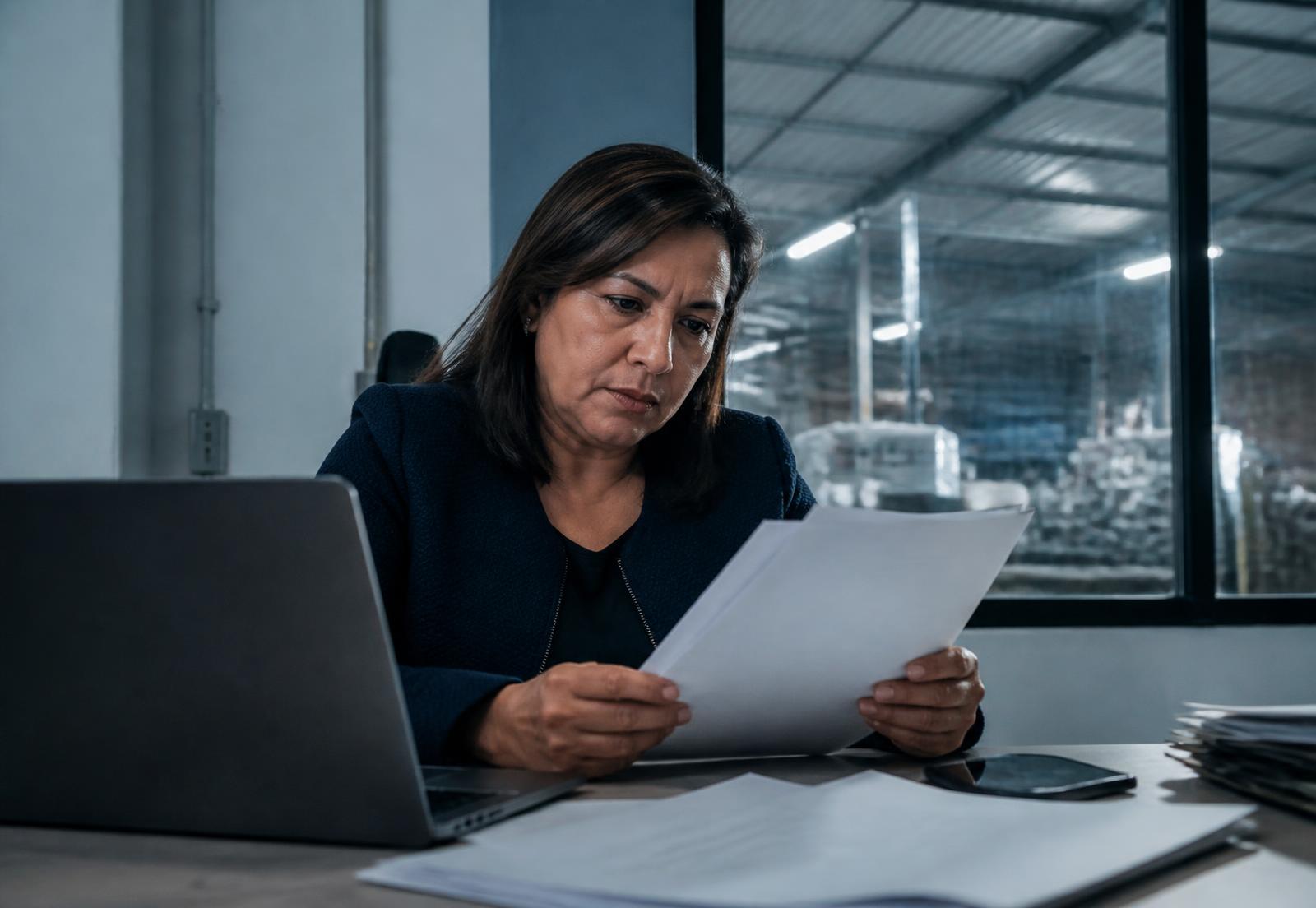 Ejecutiva revisando contratos y documentos de una operación industrial